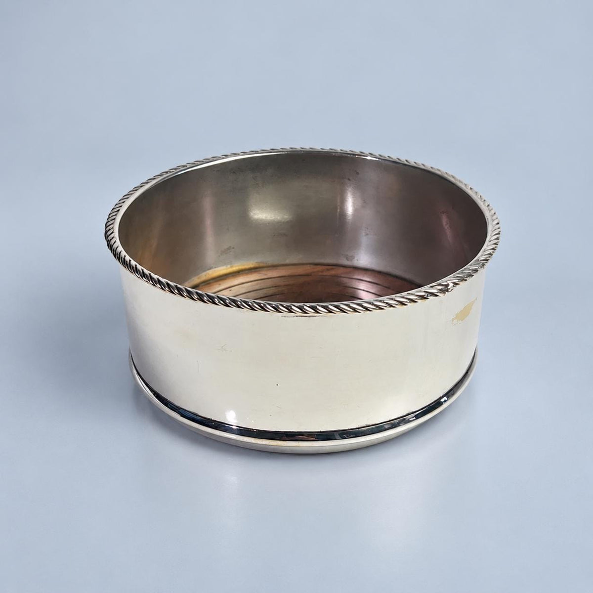 Vintage Silver-Tone Wine Bottle Coaster with Rope-Twist Rim and Wooden Base