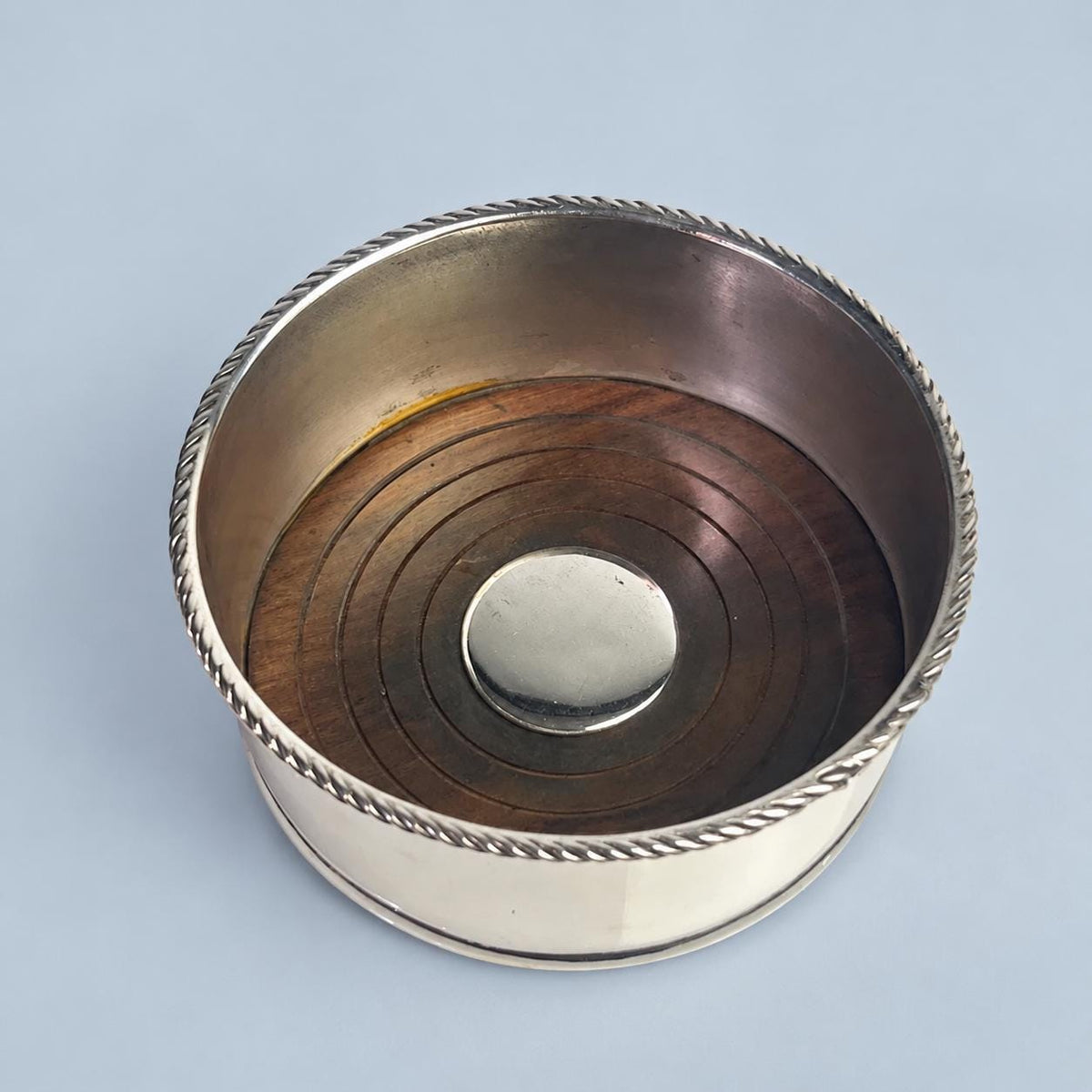 Vintage Silver-Tone Wine Bottle Coaster with Rope-Twist Rim and Wooden Base