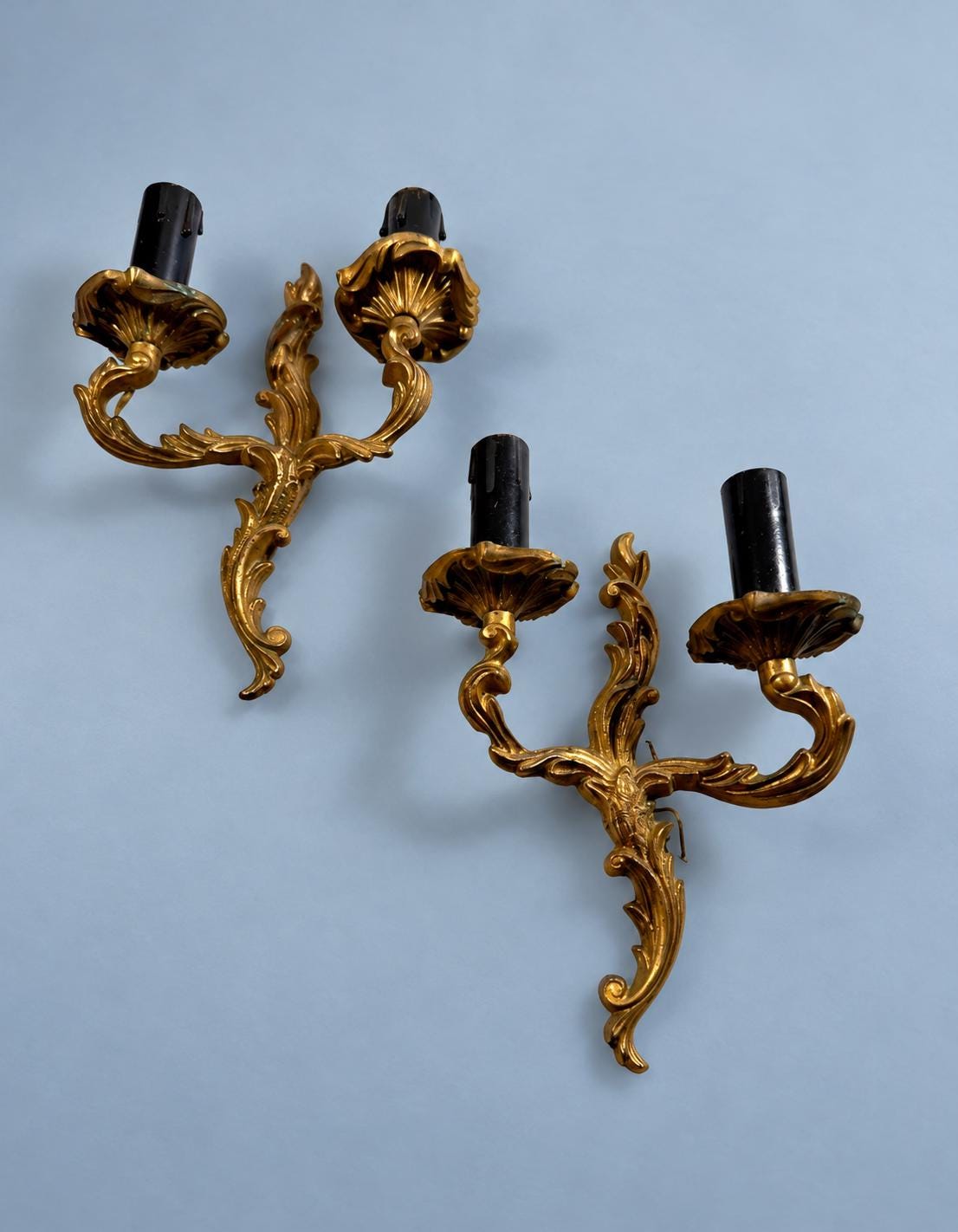 Pair of Vintage Louis XV Style Gilt Bronze Two-Arm Wall Sconces, Rococo Acanthus Scroll Lights with Black Candle Sleeves