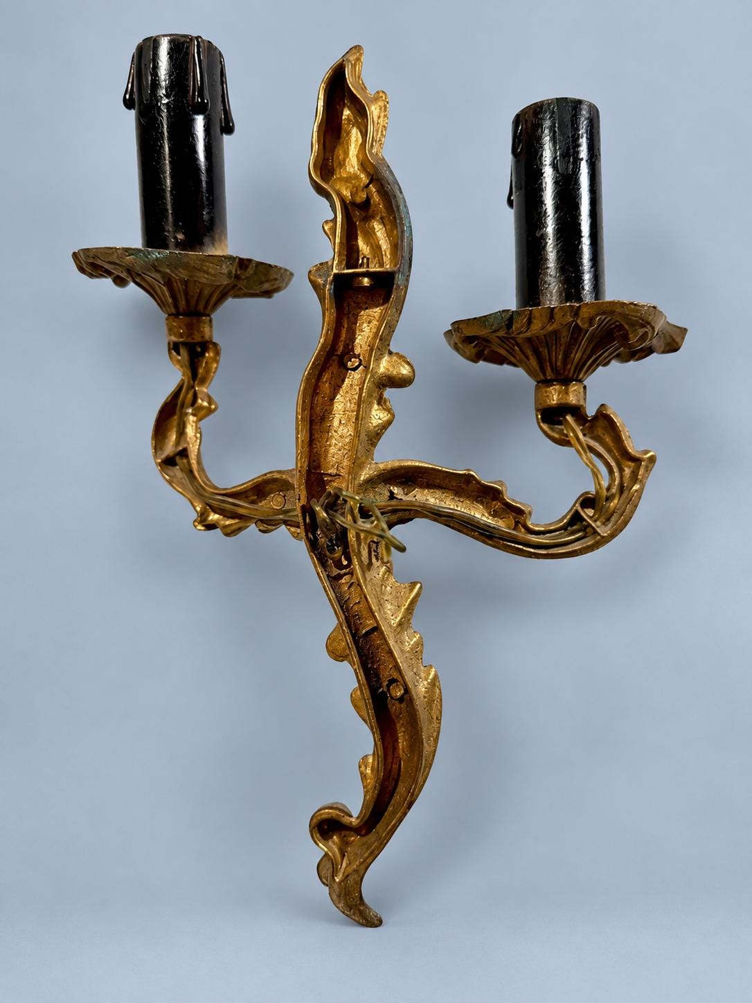 Pair of Vintage Louis XV Style Gilt Bronze Two-Arm Wall Sconces, Rococo Acanthus Scroll Lights with Black Candle Sleeves