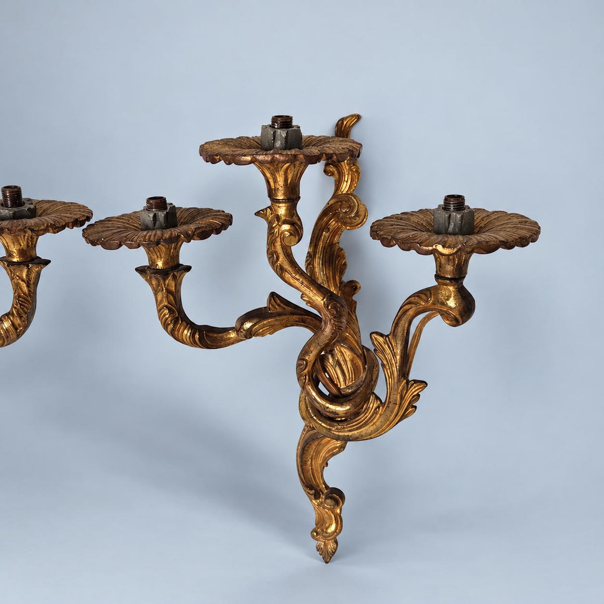 Pair of Vintage Louis XV Style Three-Arm Wall Sconces, Gilt Bronze Finish Rococo Rocaille Candle Lights with Entwined Arms