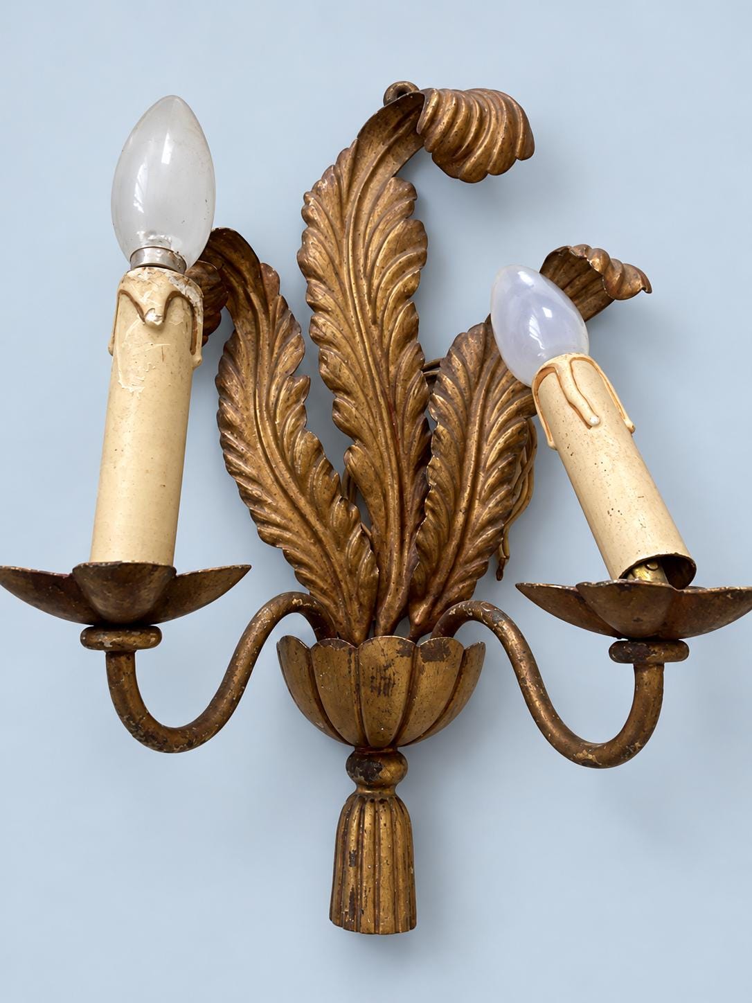 Pair of Vintage 1950s Venetian Style Gilt Metal Wall Sconces, Two-Arm Feather Leaf and Tassel Design, Hollywood Regency Candle Lights