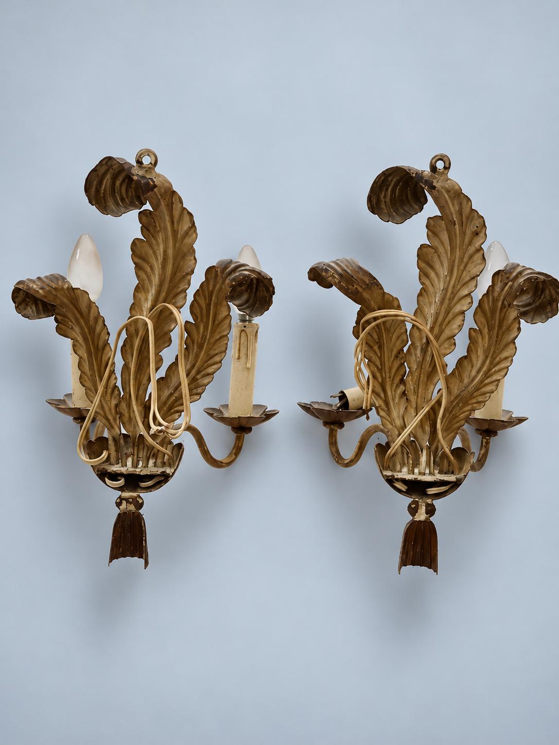 Pair of Vintage 1950s Venetian Style Gilt Metal Wall Sconces, Two-Arm Feather Leaf and Tassel Design, Hollywood Regency Candle Lights