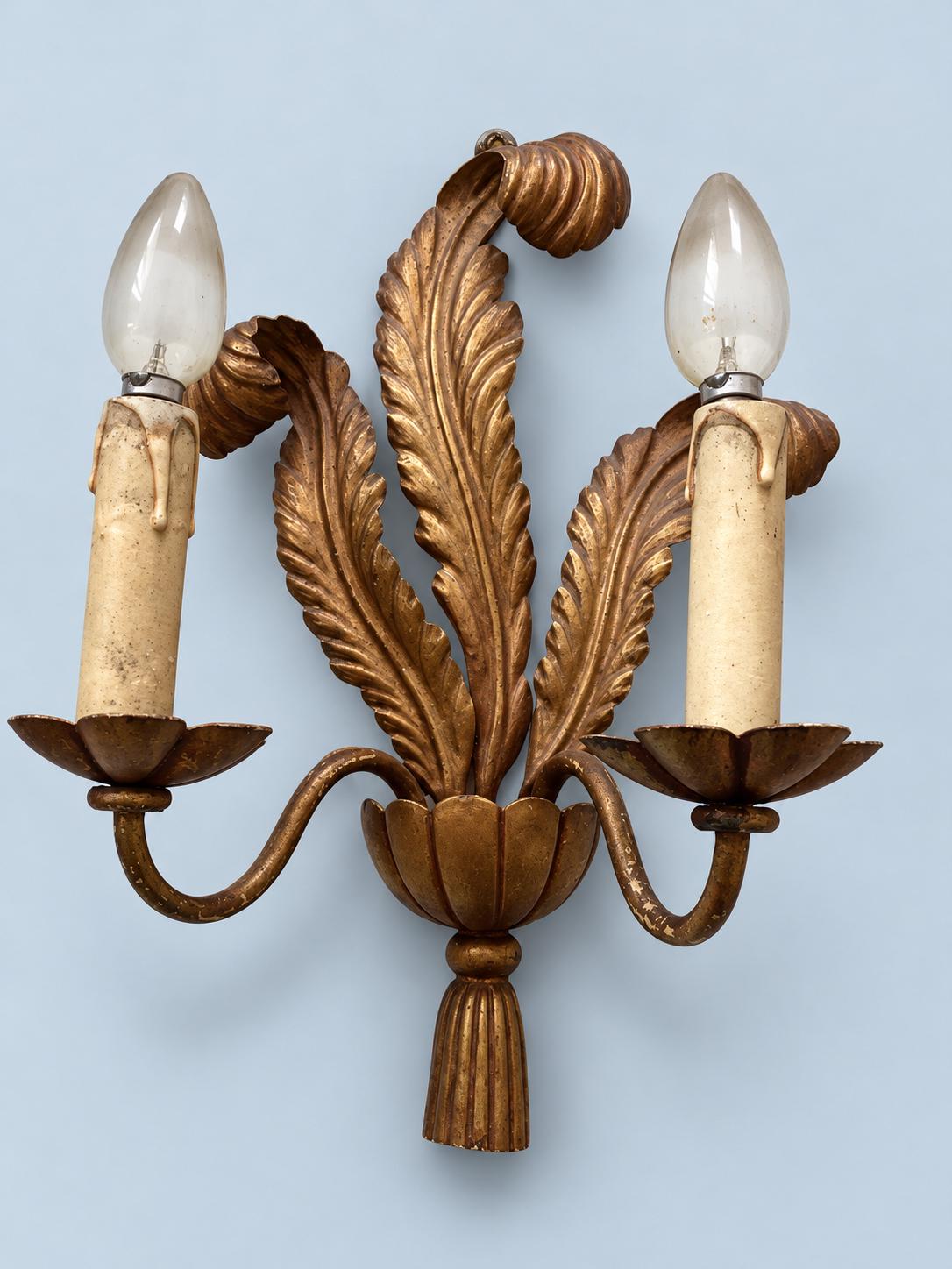 Pair of Vintage 1950s Venetian Style Gilt Metal Wall Sconces, Two-Arm Feather Leaf and Tassel Design, Hollywood Regency Candle Lights