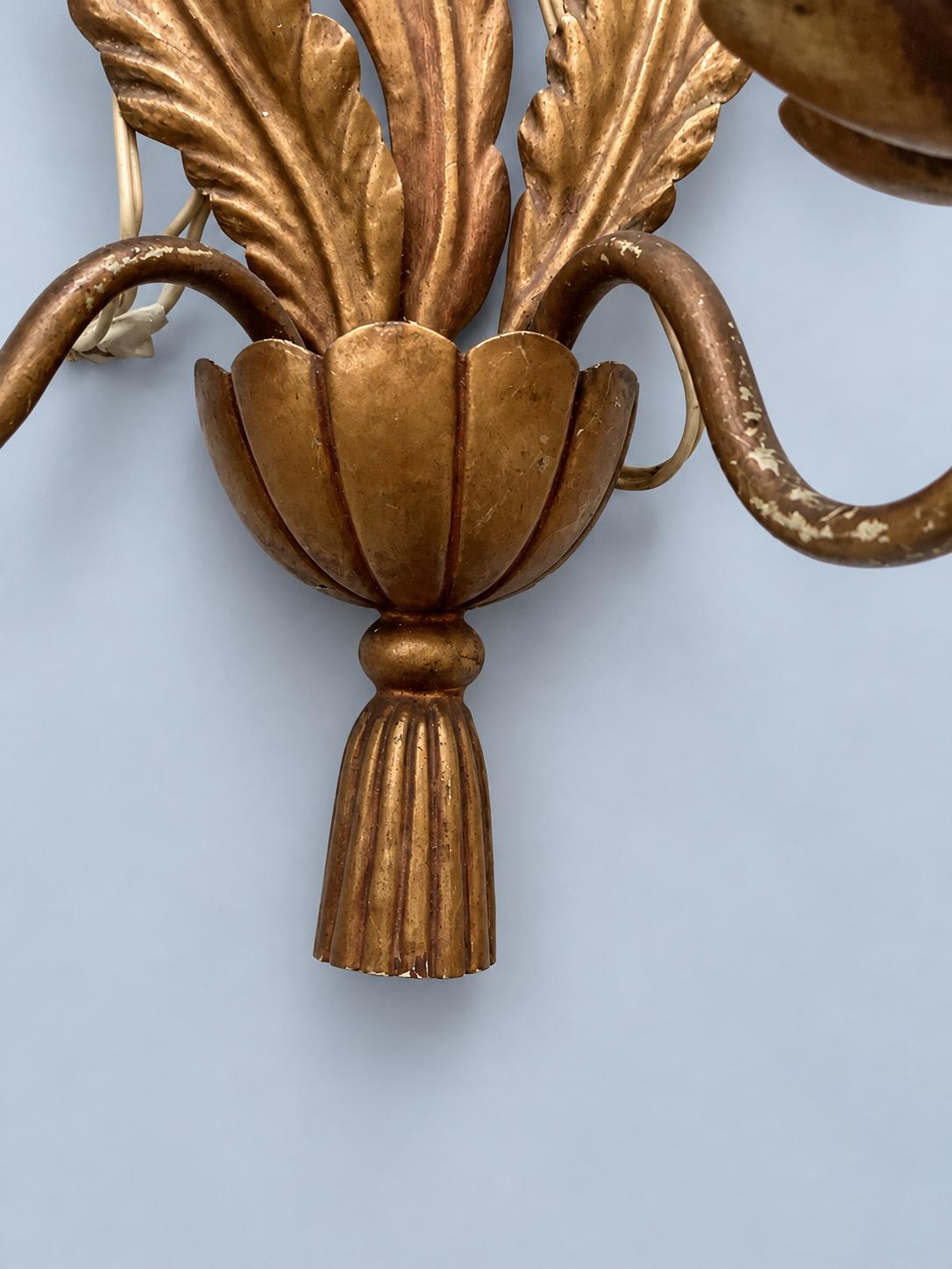 Pair of Vintage 1950s Venetian Style Gilt Metal Wall Sconces, Two-Arm Feather Leaf and Tassel Design, Hollywood Regency Candle Lights
