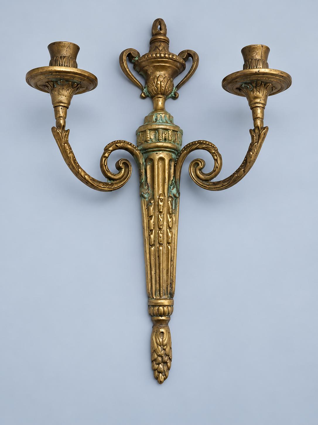 Pair of Vintage Louis XVI Style Bronze Two-Arm Candle Wall Sconces, Neoclassical Urn and Fluted Pilaster Design, Hallway Decor