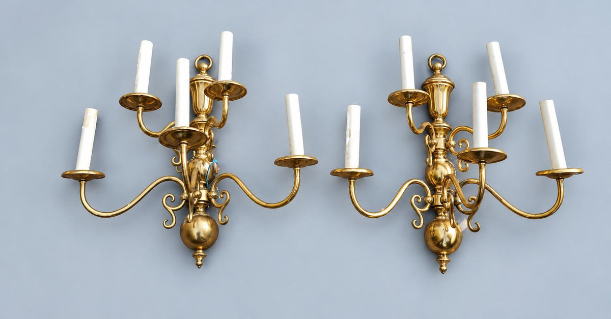 Pair of Large Vintage Dutch Baroque Style Bronze Five-Arm Wall Sconces, Two-Tier Candle Lights with Ball Base for Dining Room or Hall