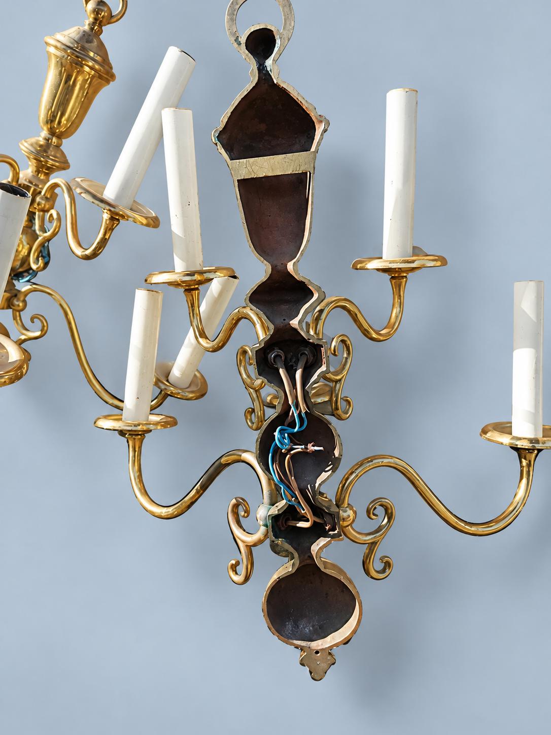 Pair of Large Vintage Dutch Baroque Style Bronze Five-Arm Wall Sconces, Two-Tier Candle Lights with Ball Base for Dining Room or Hall