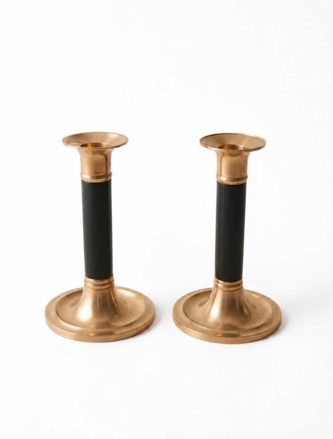 Vintage Pair of Brass-Tone Candlesticks with Black Wood Stems