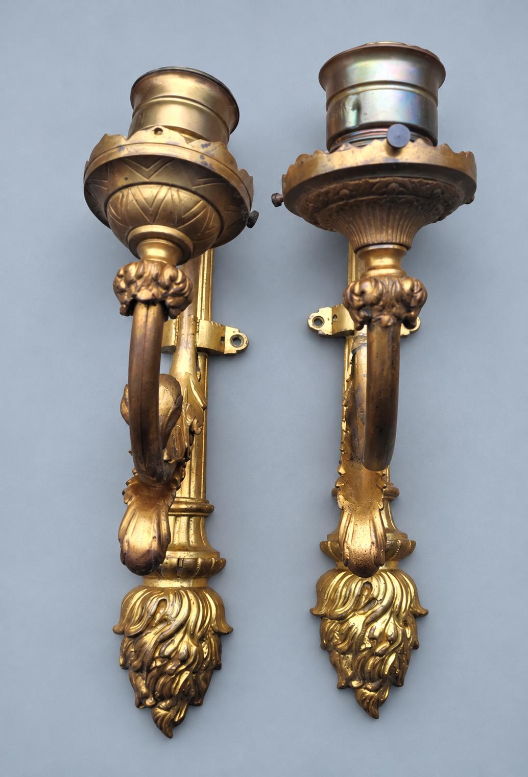 Vintage Pair of Gilt Metal Louis XVI Style Torch Wall Sconces, Single-Light with Laurel Garland and Curved Arm