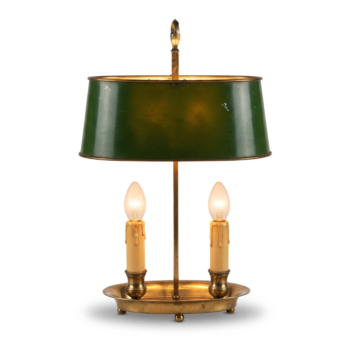 Vintage Bouillotte Two-Light Lamp with Silver-Tone Dished Base and Green Tôle Shade