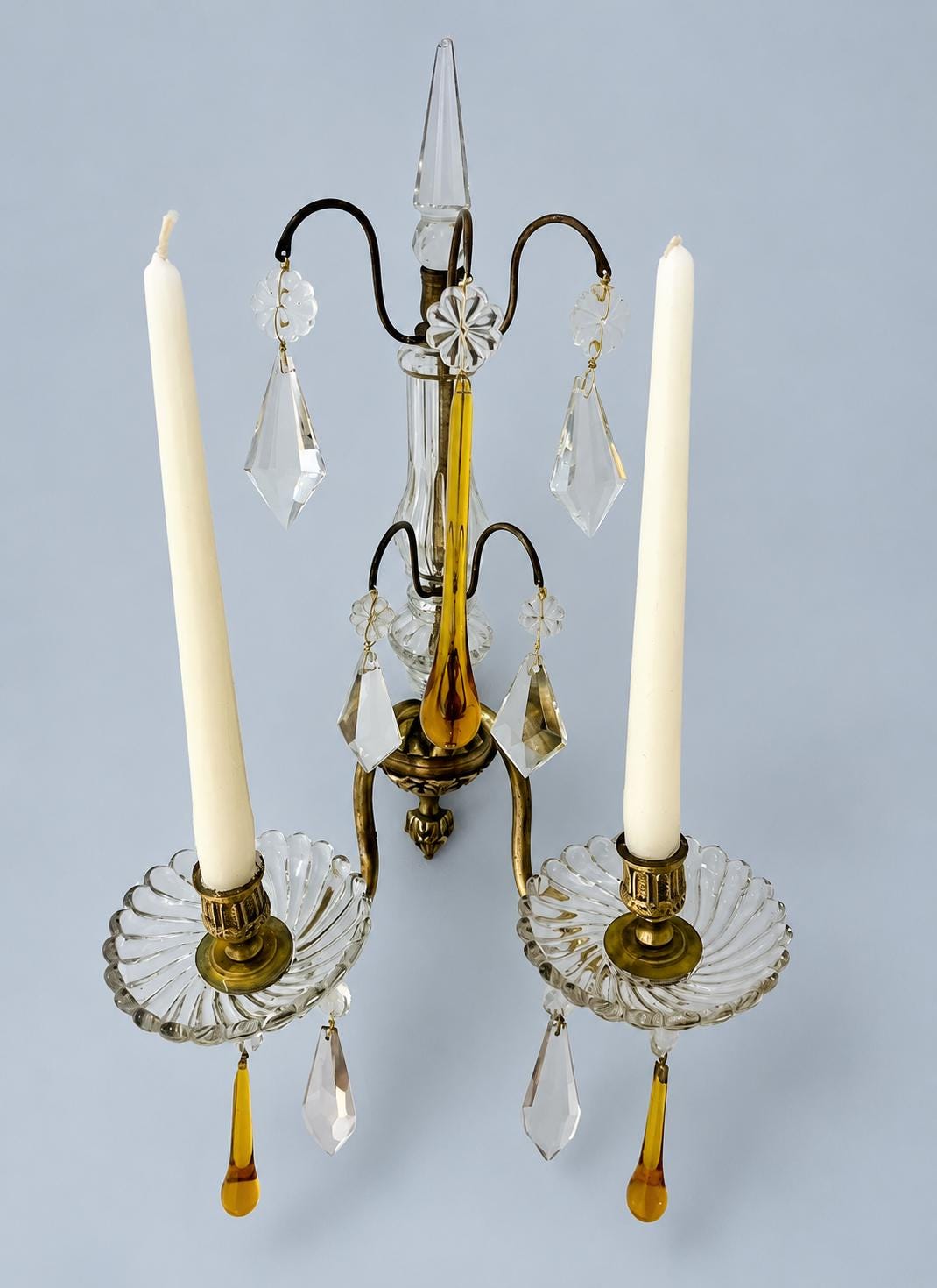 Vintage Neoclassical Brass and Cut Glass Two-Arm Candle Wall Sconce with Amber and Clear Glass Drops