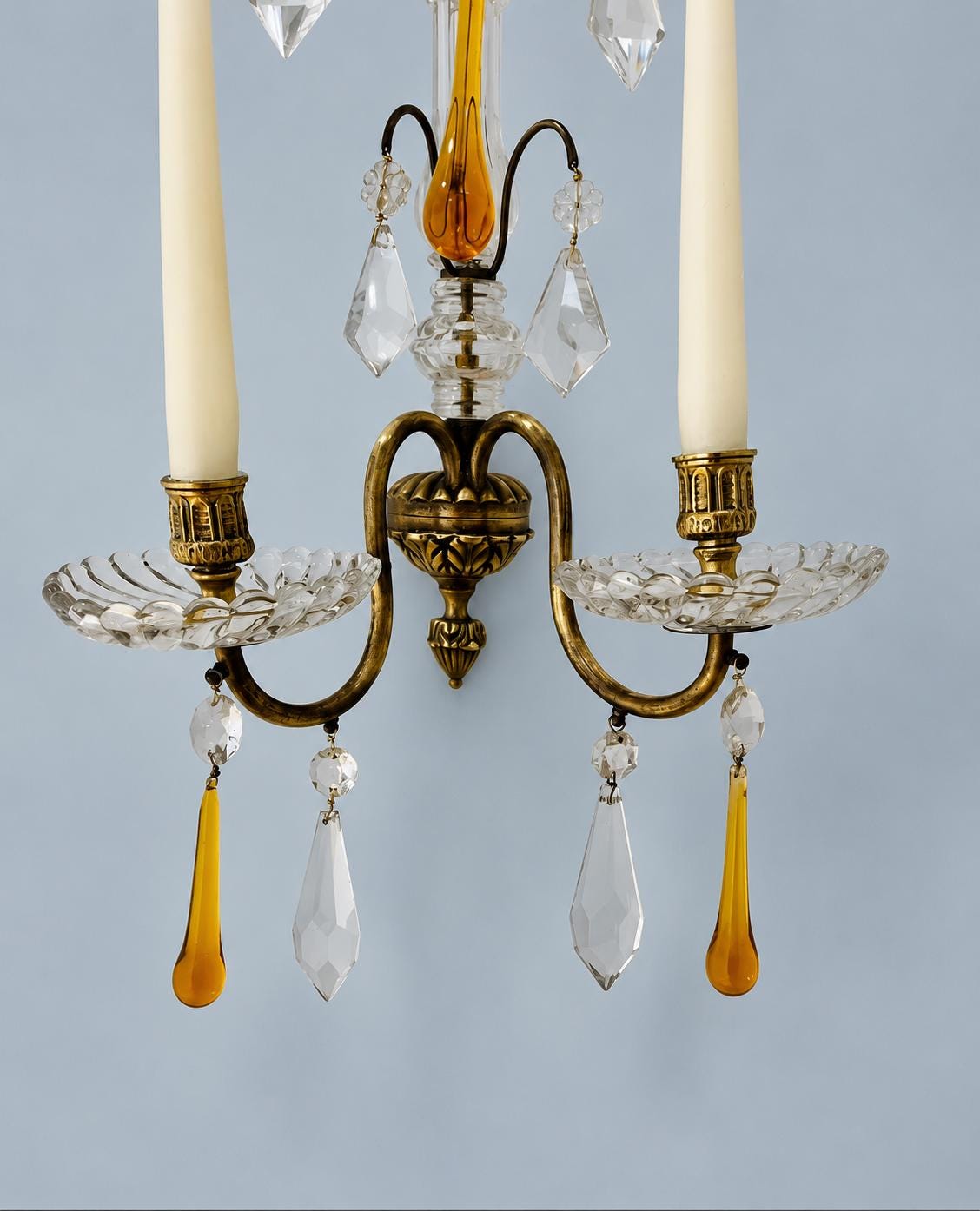Vintage Neoclassical Brass and Cut Glass Two-Arm Candle Wall Sconce with Amber and Clear Glass Drops