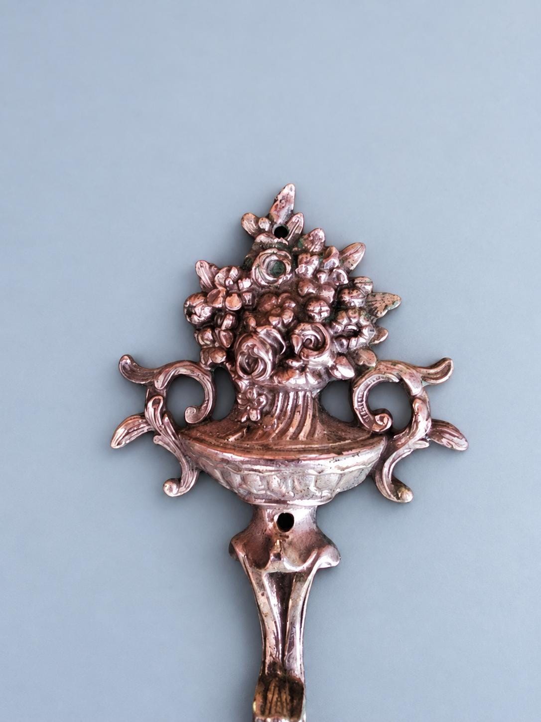 Vintage Silver-Tone Metal Double Coat Hook with Flower Basket Finial, Scrolled Hooks, Ornate Wall Hook
