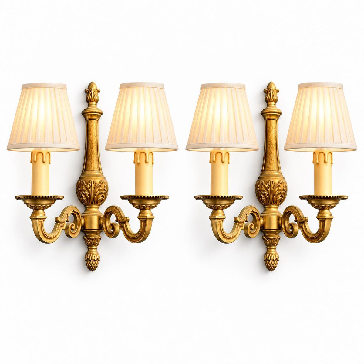 Vintage Pair of French Louis XVI Style Two-Arm Gilt Metal Wall Sconces with Acanthus Column Back Plates