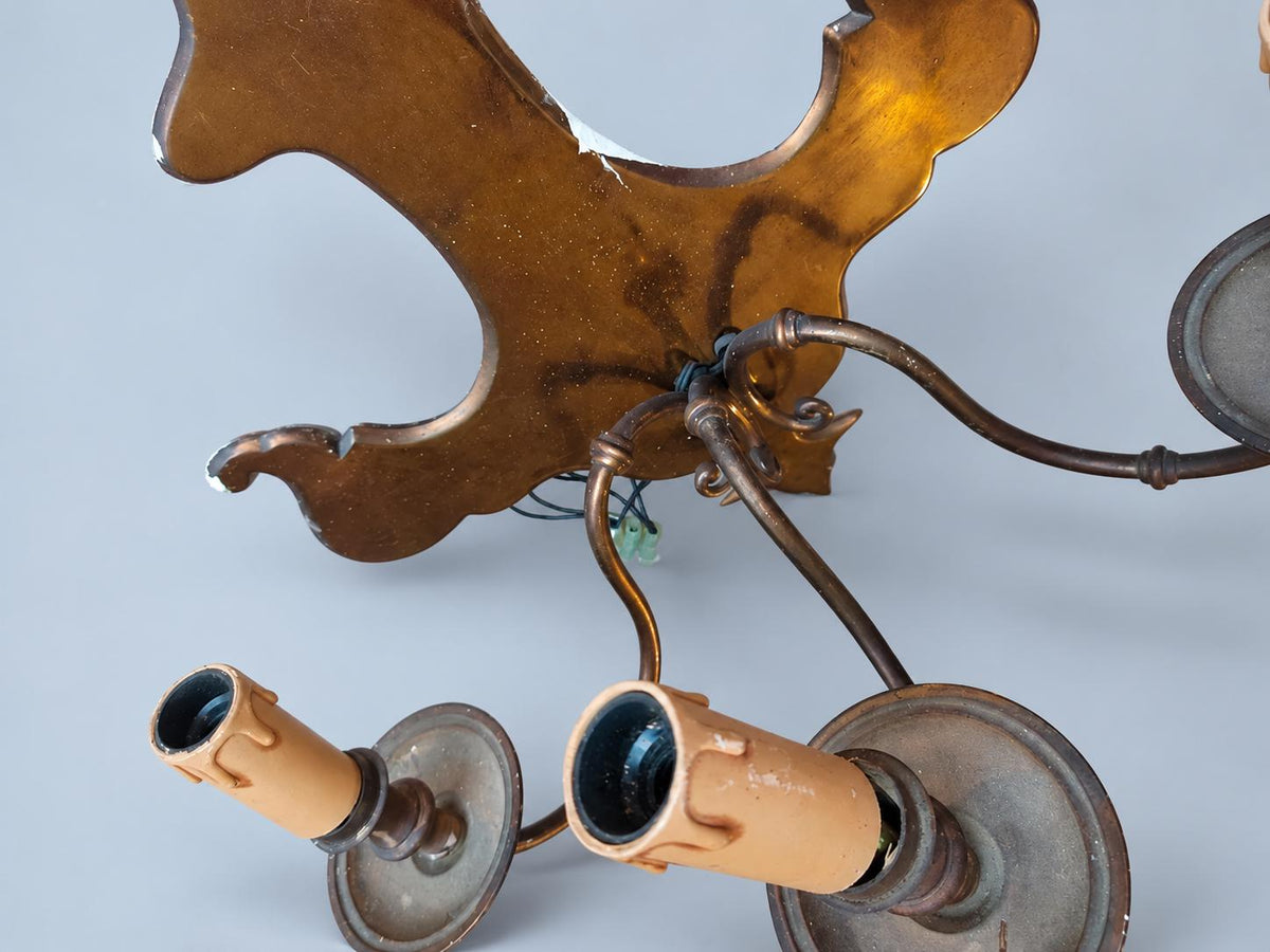 Pair of Vintage Dutch Baroque Style Three-Arm Wall Sconces, Large Shaped Brass-Tone Backplates, Candle Lights for Dining Room or Hall