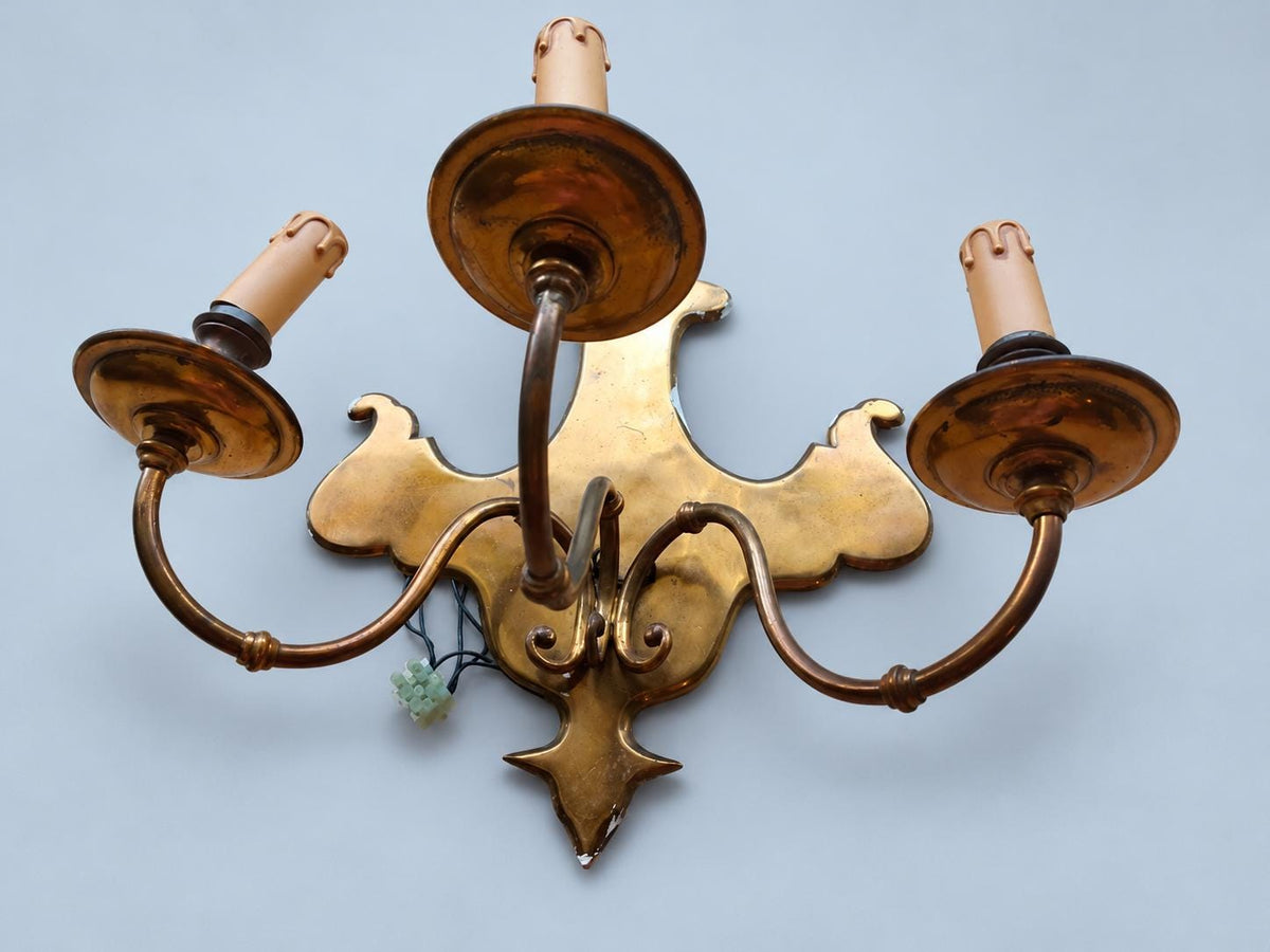 Pair of Vintage Dutch Baroque Style Three-Arm Wall Sconces, Large Shaped Brass-Tone Backplates, Candle Lights for Dining Room or Hall