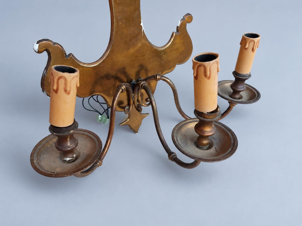 Pair of Vintage Dutch Baroque Style Three-Arm Wall Sconces, Large Shaped Brass-Tone Backplates, Candle Lights for Dining Room or Hall
