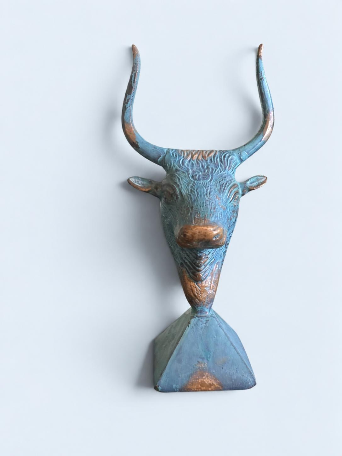 Vintage Minoan Style Bronze-Tone Bull's Head Sculpture with Blue-Green Patina on Pyramid Base