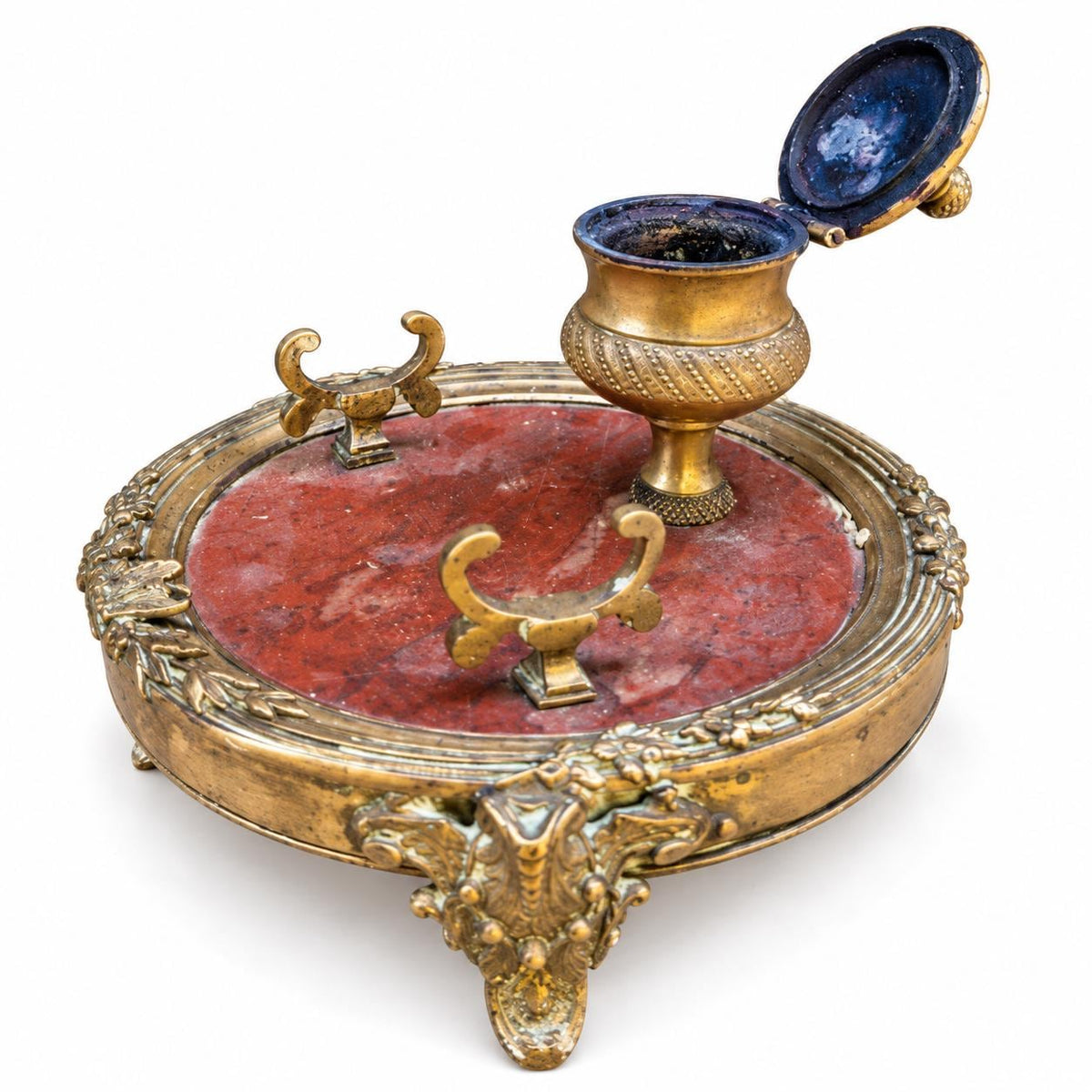 Antique Louis XVI Style Inkwell, Red Marble Circular Tray with Gilt-Tone Metal Urn and Two Pen Rests