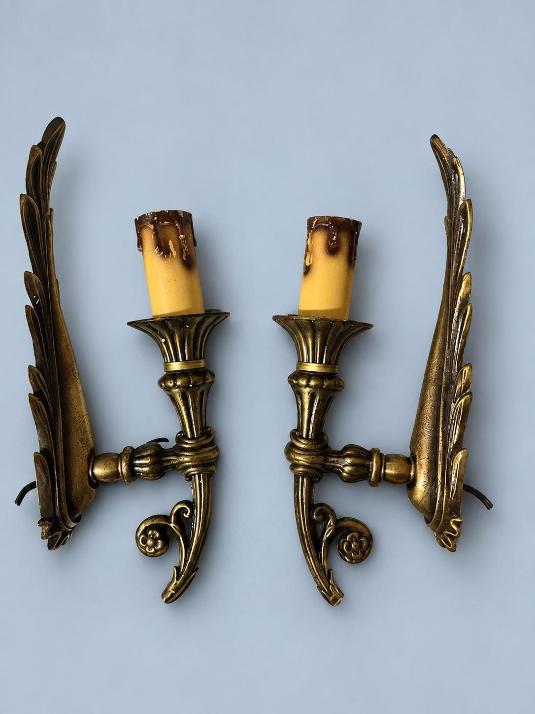 Pair of Vintage Empire Style Brass Wall Sconces with Feather Plume Backplates, Single Candle Lights for Living Room, Bedroom or Hallway