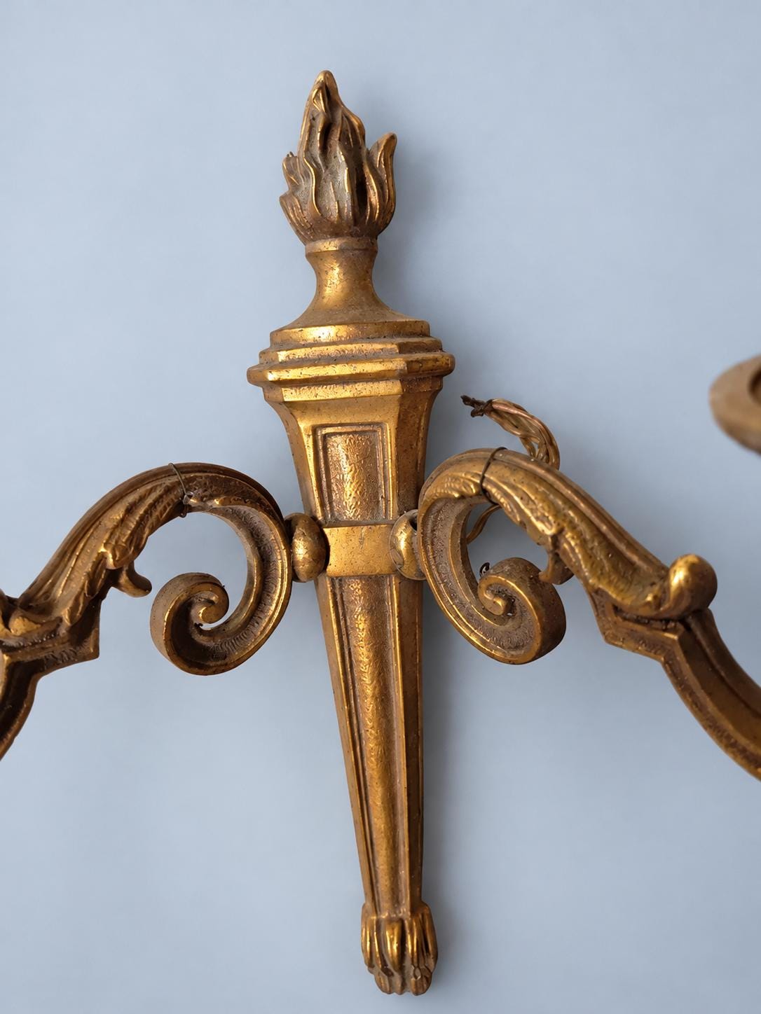 Pair of Vintage Louis XVI Style Bronze Two-Arm Wall Sconces, Neoclassical Torch and Flame Design Candle Lights for Hallway or Bedroom