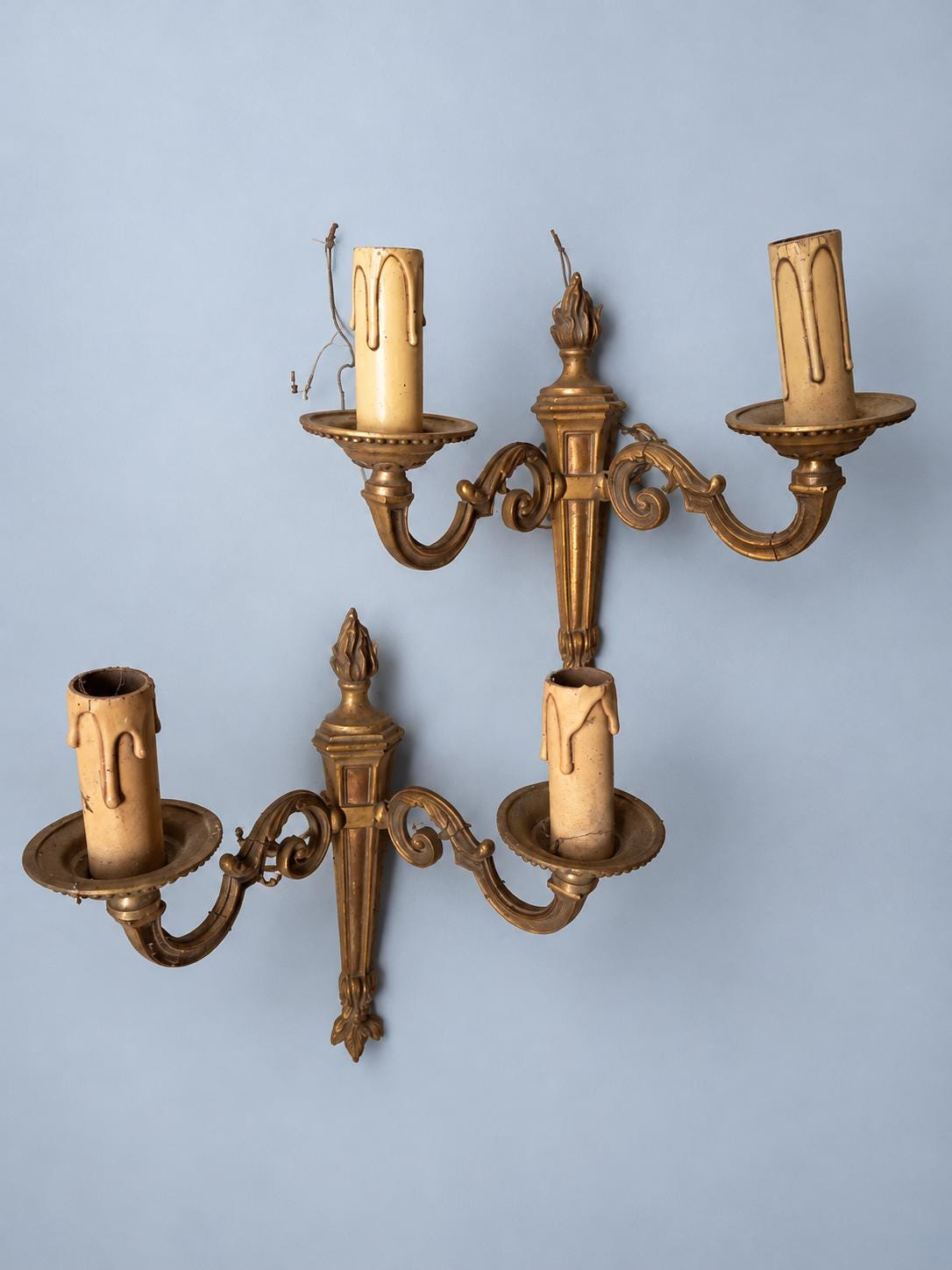 Pair of Vintage Louis XVI Style Bronze Two-Arm Wall Sconces, Neoclassical Torch and Flame Design Candle Lights for Hallway or Bedroom