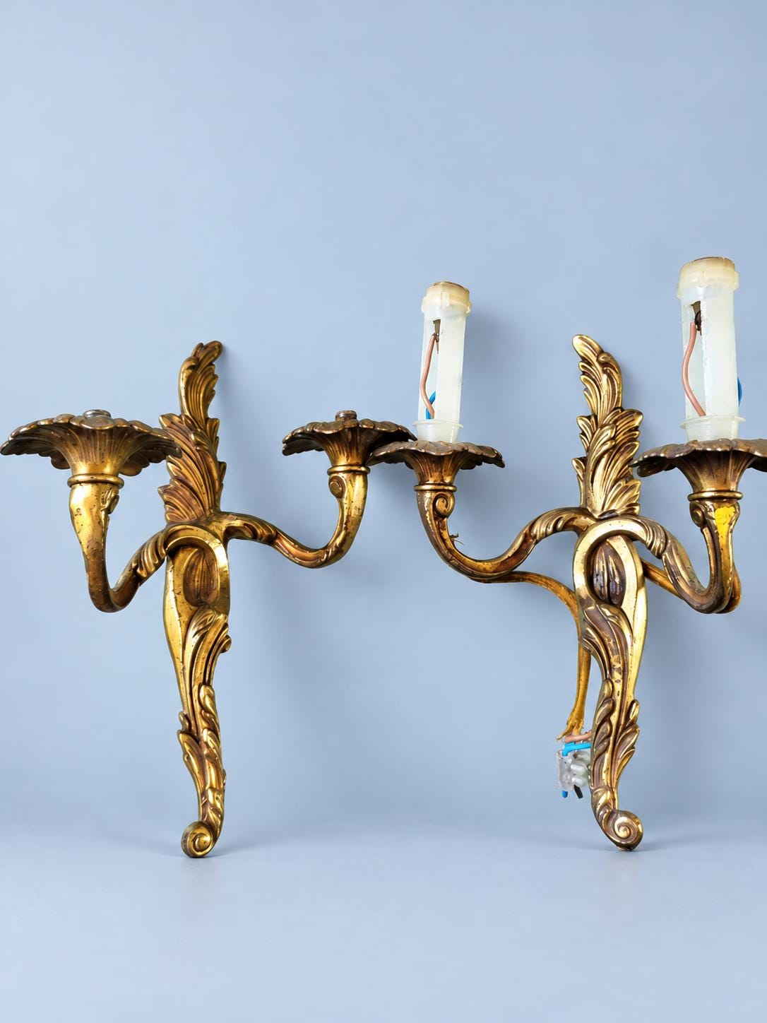 Pair of Vintage Louis XV Style Gilt Two-Arm Wall Sconces, Rococo Acanthus Leaf and Scroll Candle Lights for Entryway or Bedroom