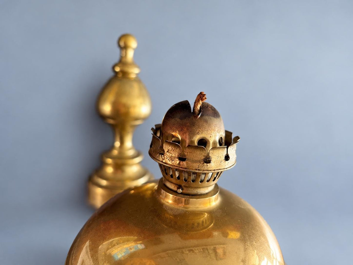 Vintage Brass Wall Oil Lamp with Milk Glass Chimney, Scrolled Bracket and Turned Backplate, Working Wick Mechanism