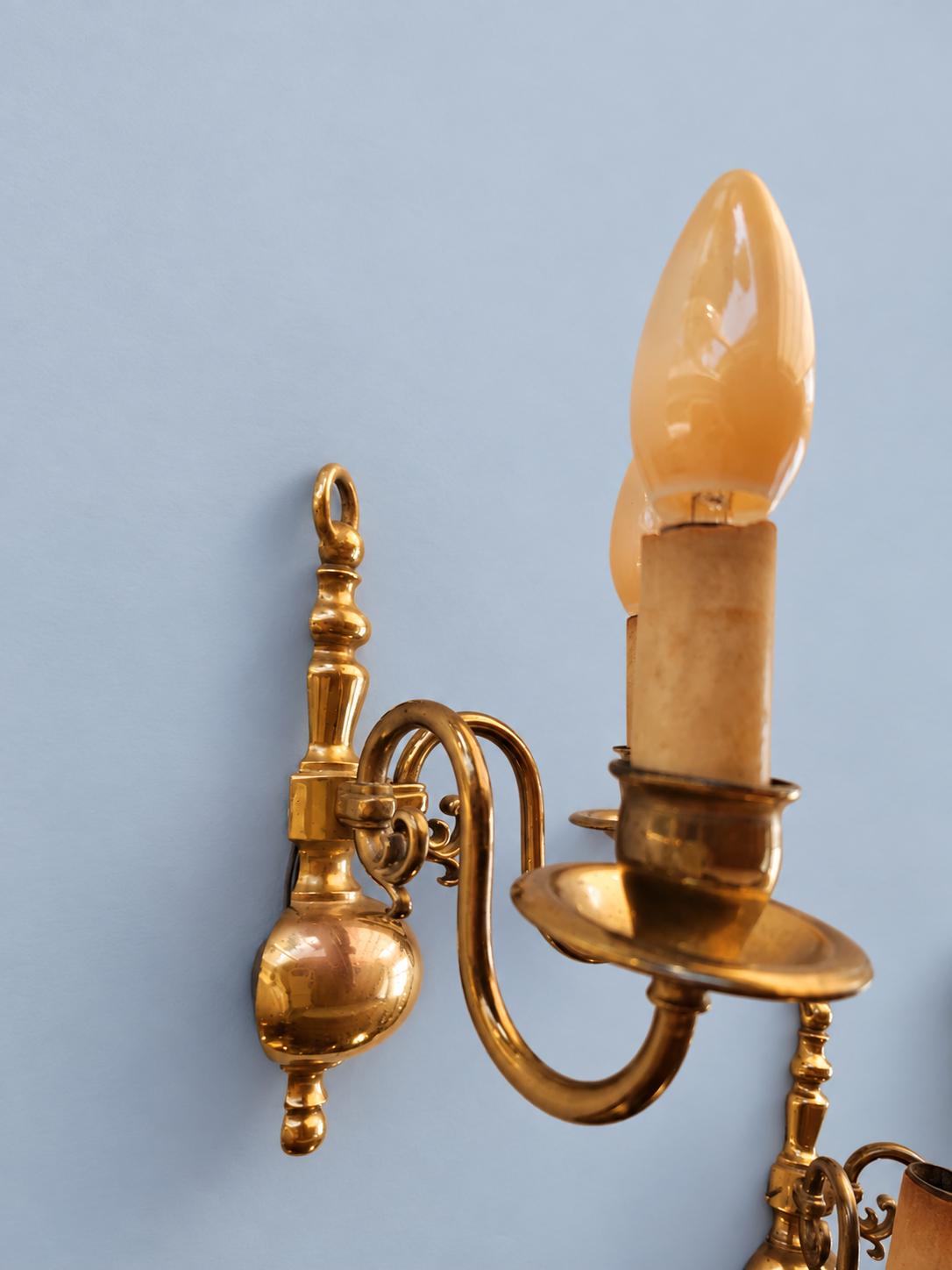 Vintage Pair of Brass Two-Arm Wall Sconces, Baroque Style with Scrolled Arms and Ball Base, Classic Candle Wall Lights