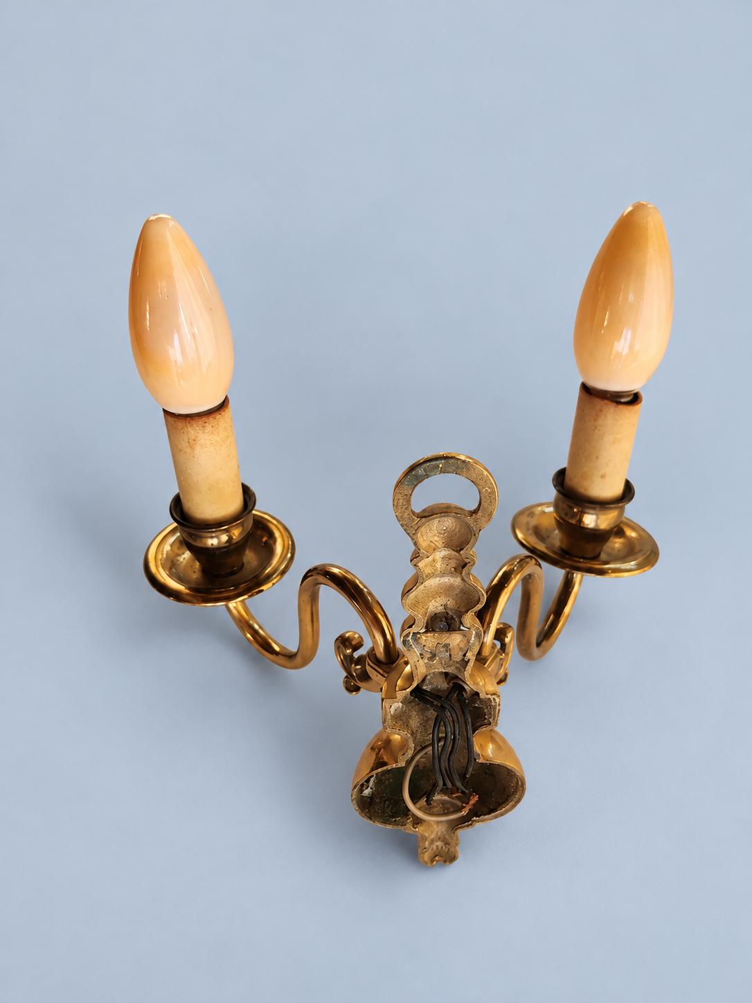 Vintage Pair of Brass Two-Arm Wall Sconces, Baroque Style with Scrolled Arms and Ball Base, Classic Candle Wall Lights