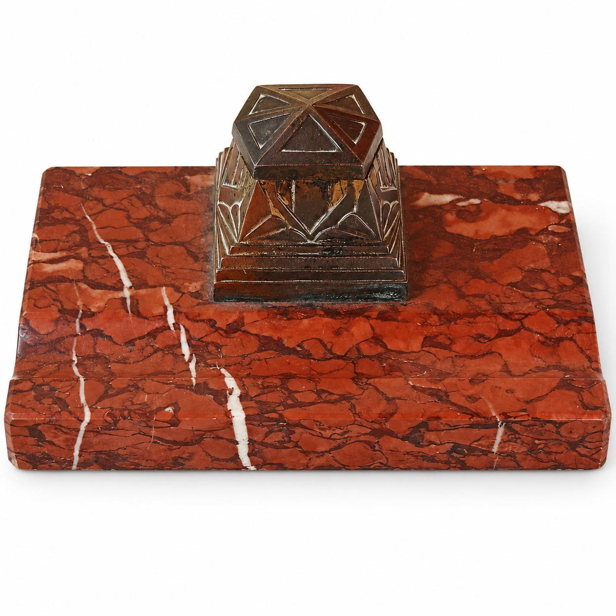 Vintage Art Deco Bronze-Tone Desk Inkwell with Stepped Faceted Lid on Red Marble-Effect Base
