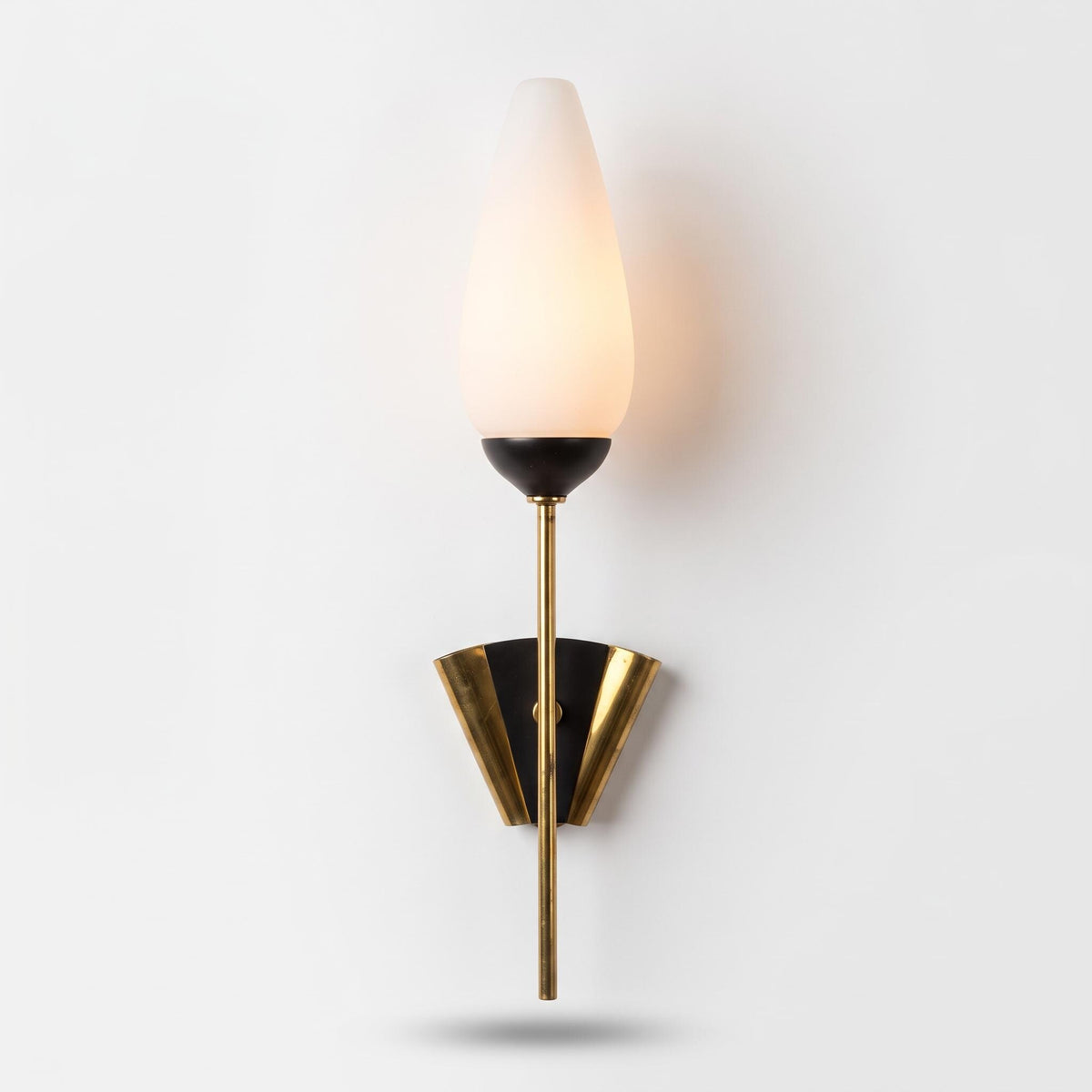 1950s–60s Brass Torch Wall Sconce, White Opaline Glass and Black Fan Backplate, Single Vintage Light