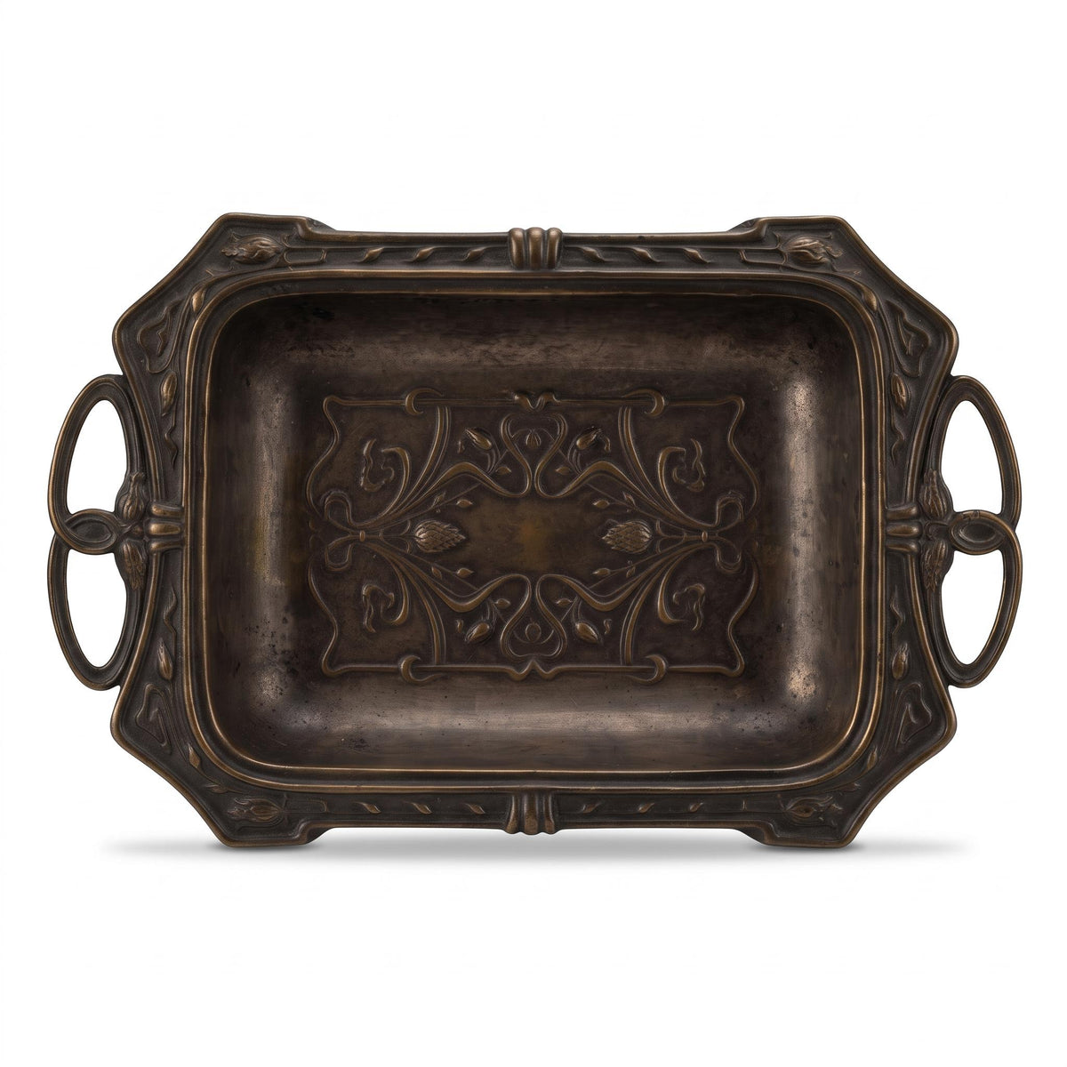 Antique Art Nouveau Pewter-Tone Two-Handled Tray with Whiplash Tendrils and Pine-Cone Motifs