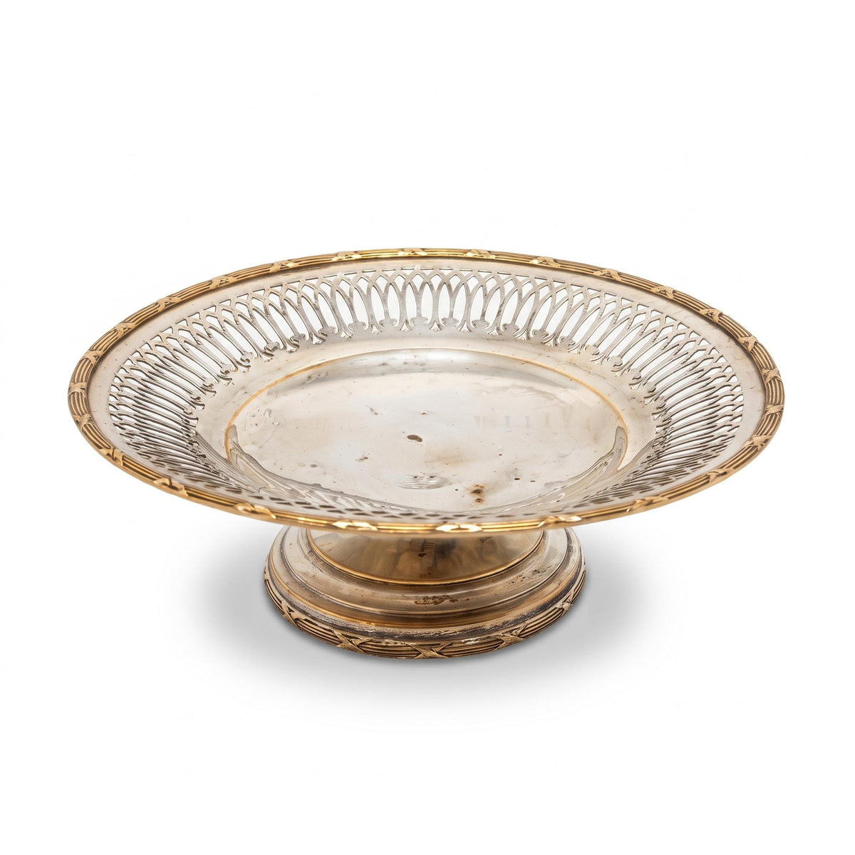 Vintage Louis XVI Style Silver-Tone Footed Dish with Pierced Border and Gold-Tone Ribbon Bands