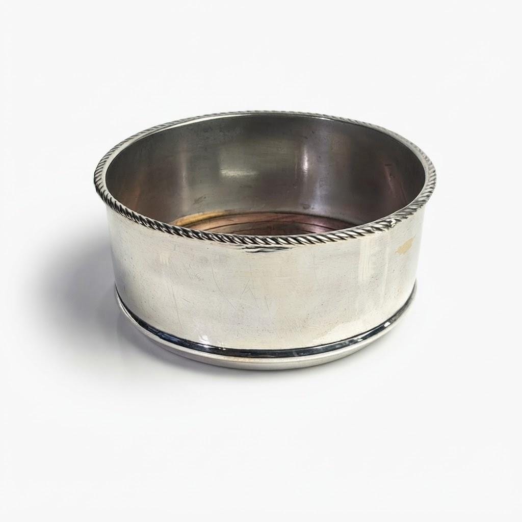 Vintage Silver-Tone Wine Bottle Coaster with Rope-Twist Rim and Wooden Base