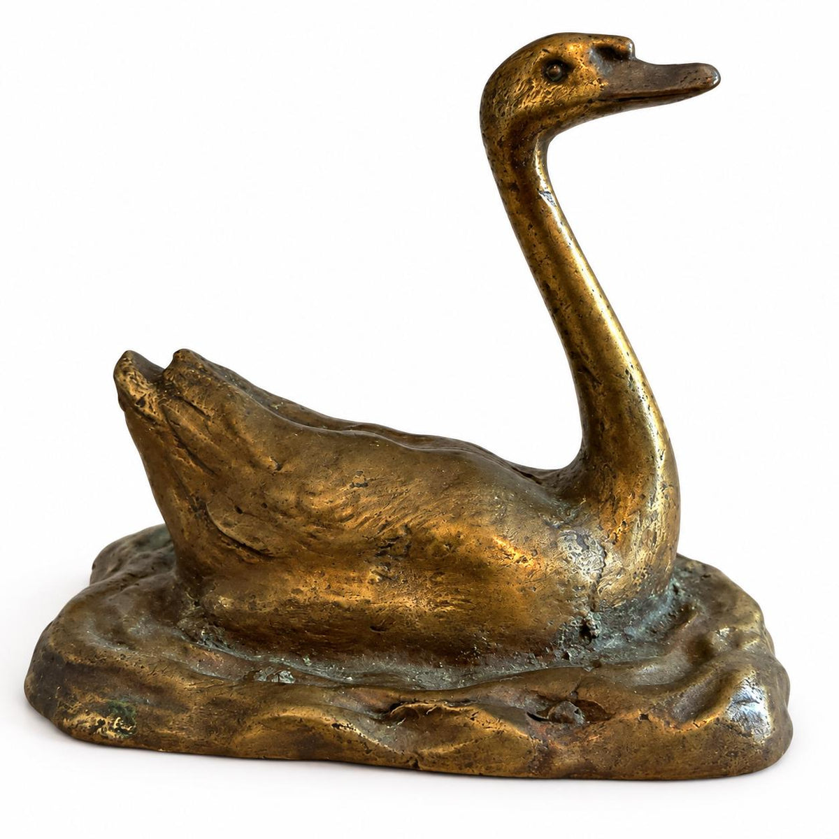 Vintage Mid-Century Scandinavian Bronze-Tone Swan Sculpture on Rippled Water Base