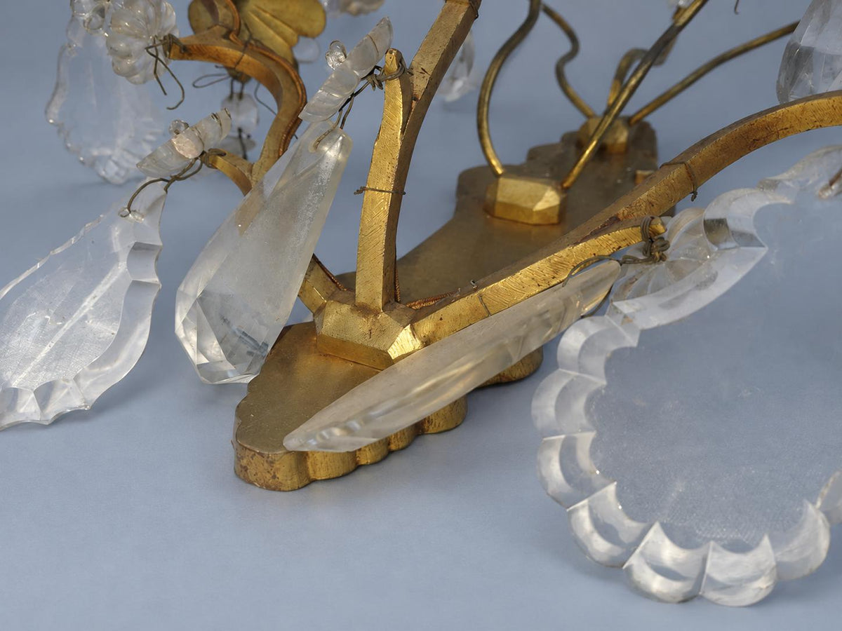 Pair of Gilt Brass Three-Arm Wall Sconces with Glass Drops, Vintage