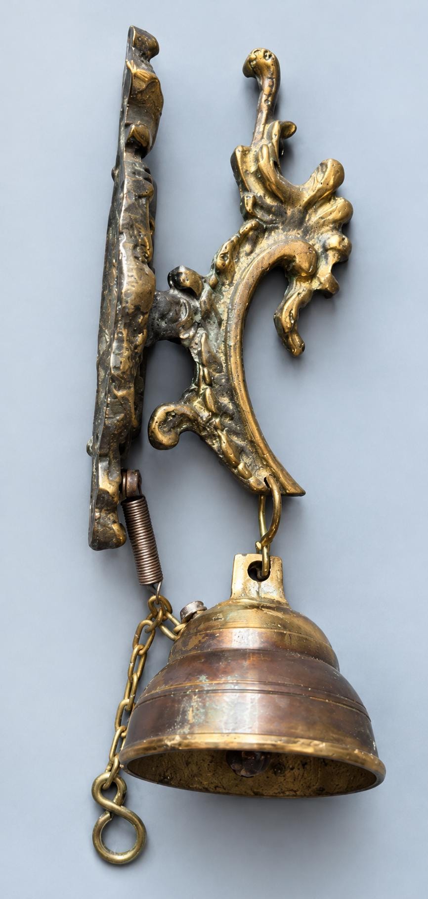 Brass Wall Mounted Door Bell with Rococo Bracket and Pull Chain, Vintage