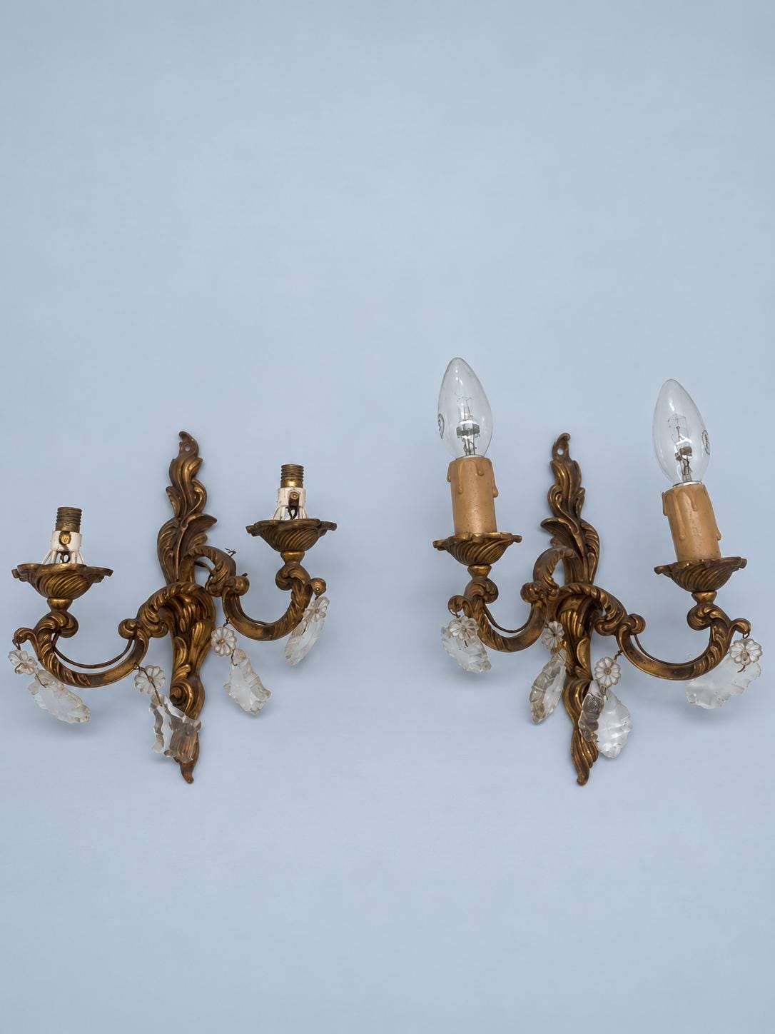 Pair of Louis XV Style Gilt Two-Arm Wall Sconces with Cut Glass Drops, Vintage