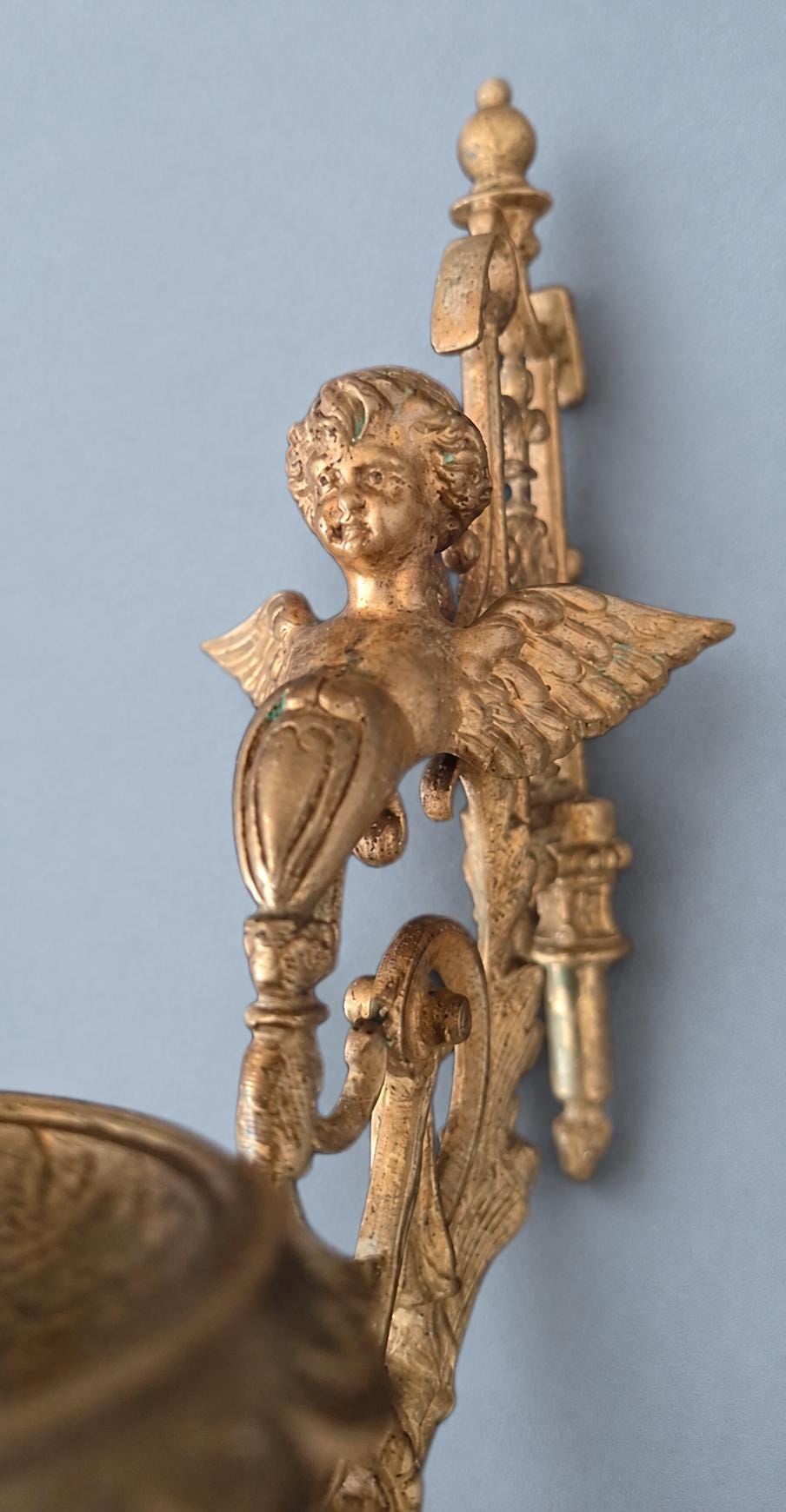 Pair of Gilt Metal Swing-Arm Candle Wall Sconces with Winged Cherub Busts, Vintage