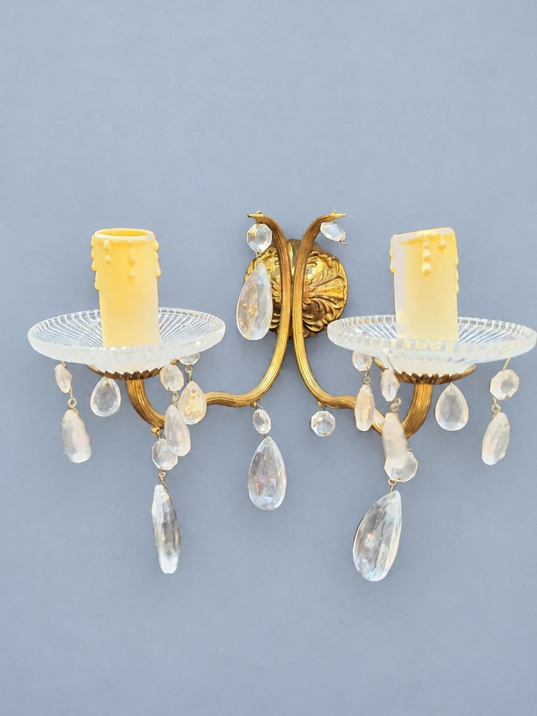Pair of Brass Two-Arm Wall Sconces with Glass Drops and Ribbed Bobeches, Vintage