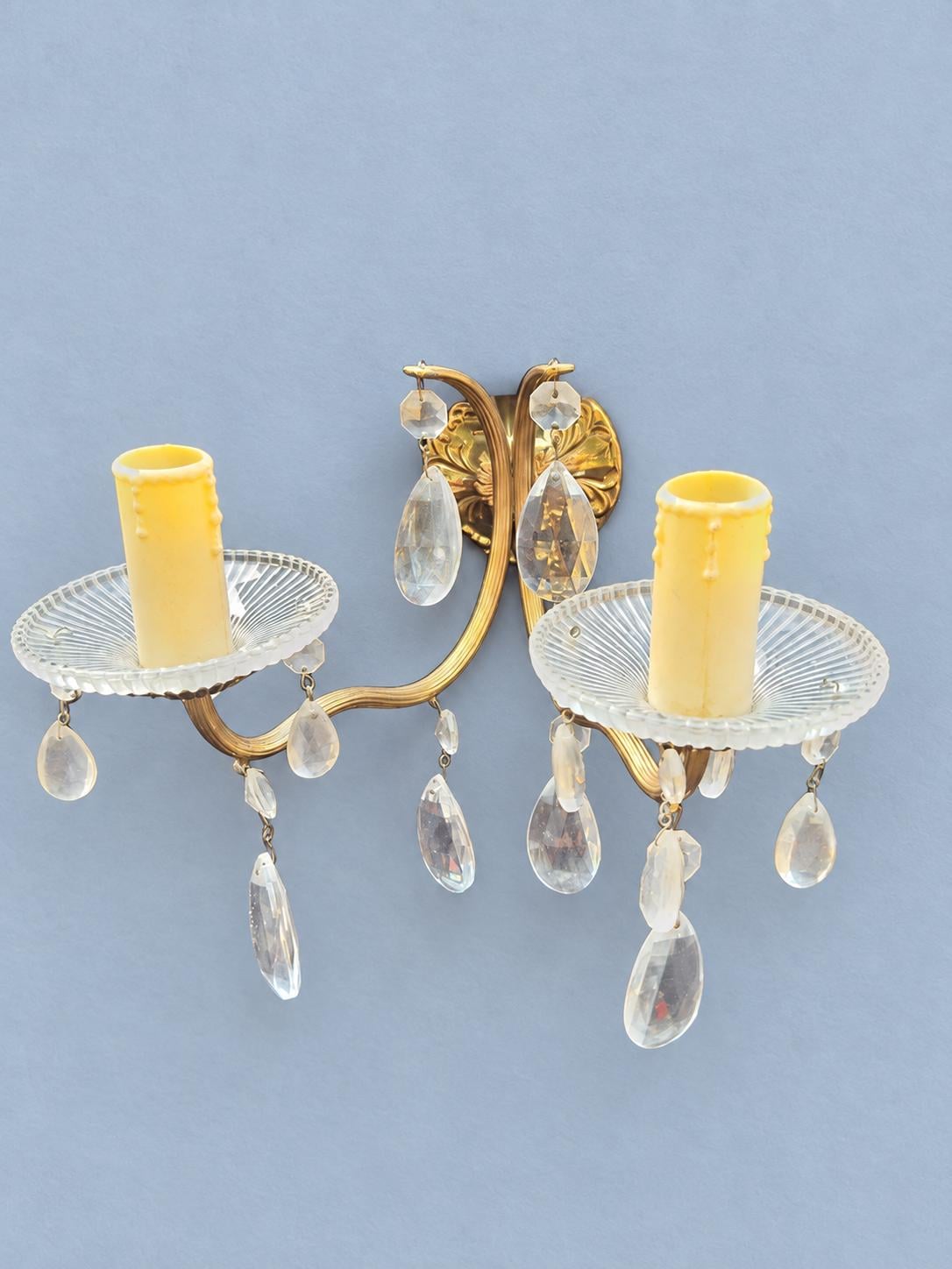 Pair of Brass Two-Arm Wall Sconces with Glass Drops and Ribbed Bobeches, Vintage
