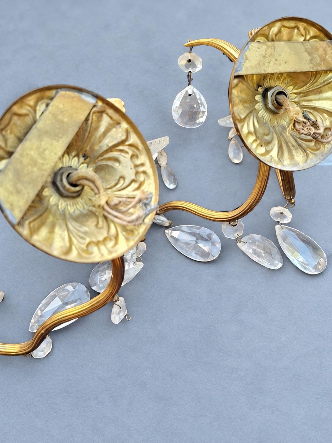 Pair of Brass Two-Arm Wall Sconces with Glass Drops and Ribbed Bobeches, Vintage