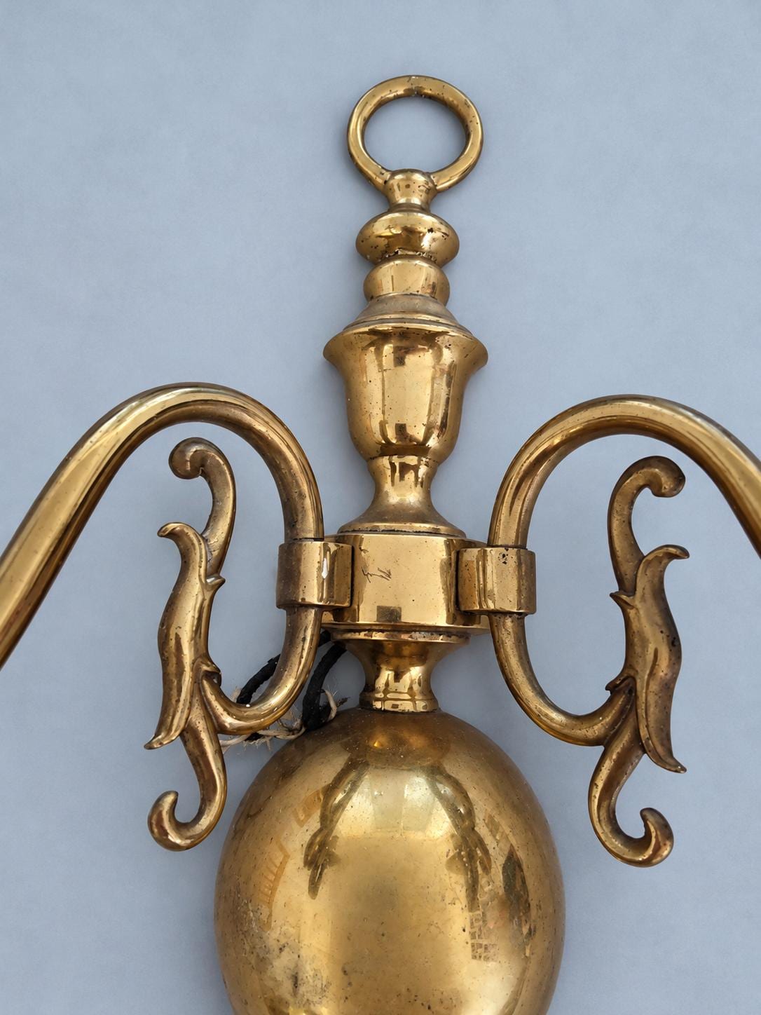 Pair of Brass-Tone Two-Arm Wall Sconces, Dutch Baroque Style, Vintage Ball Base Lights
