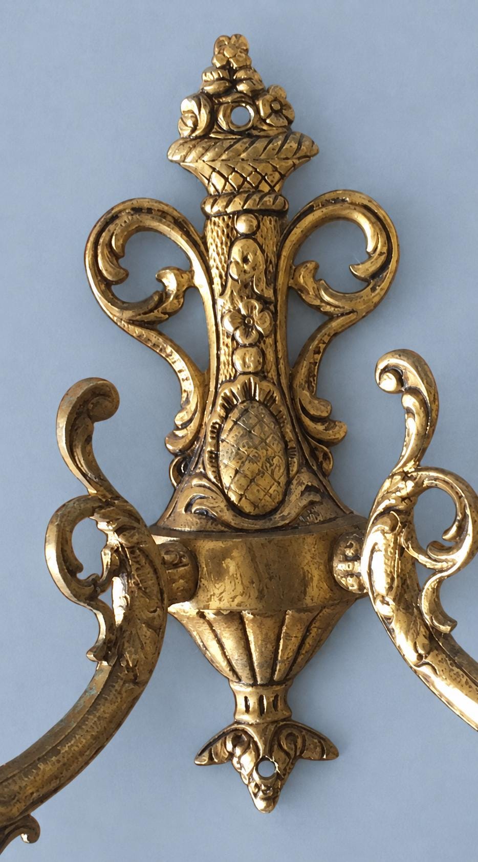 Rococo Style Gilt Two-Arm Wall Sconce with Pineapple Motif and Scrolled Arms, Vintage