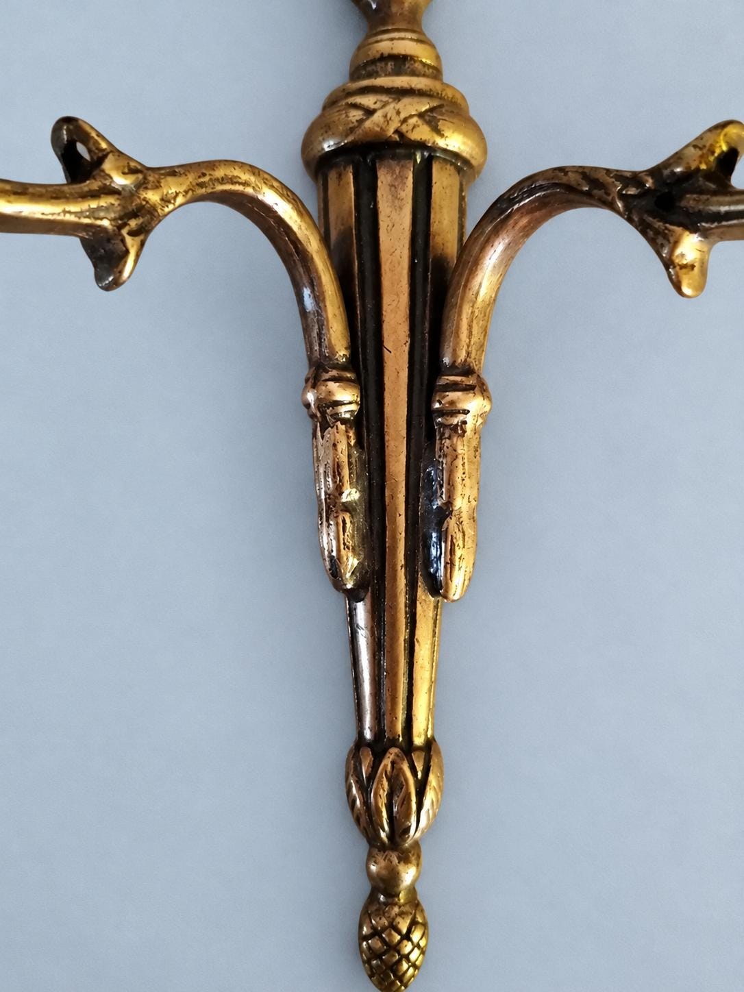 Pair of Brass Louis XVI Style Torch Wall Sconces, Two-Arm Neoclassical Lights, Vintage