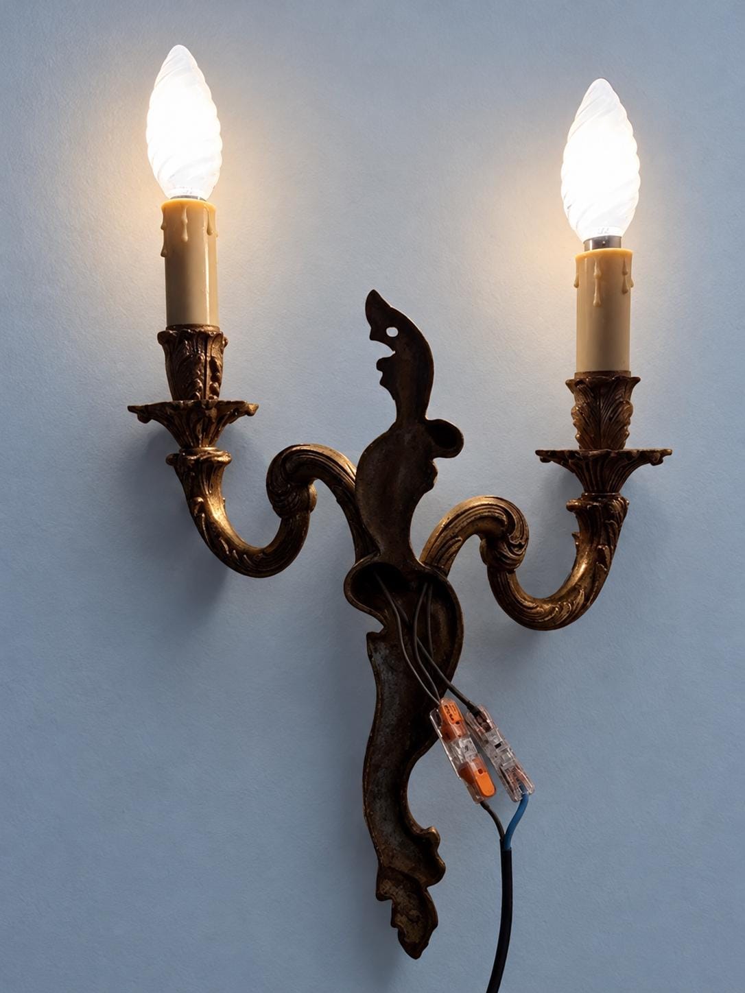 Louis XV Style Gilt Two-Arm Wall Sconce, Interlaced Scroll Arms, 1950s Vintage
