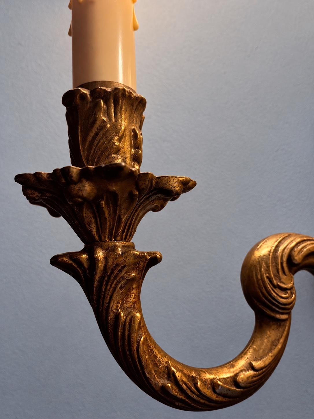 Louis XV Style Gilt Two-Arm Wall Sconce, Interlaced Scroll Arms, 1950s Vintage
