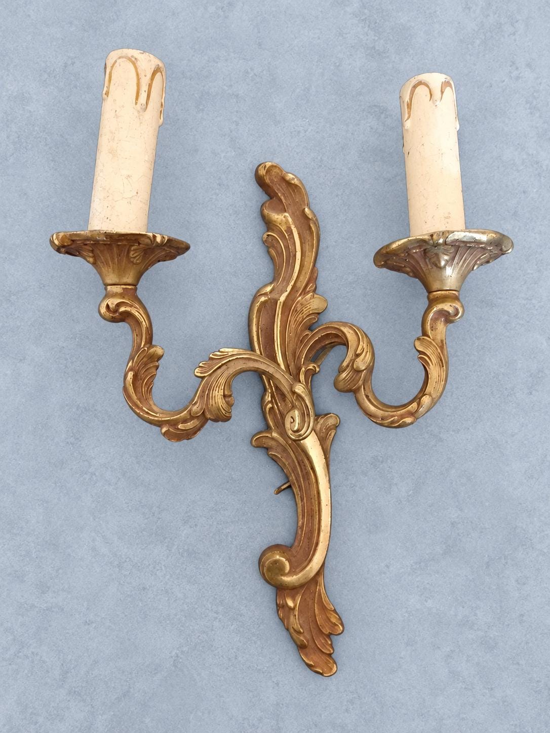 Pair of Gilt Louis XV Style Two-Arm Wall Sconces, Mirrored Acanthus Rocaille Design, Vintage